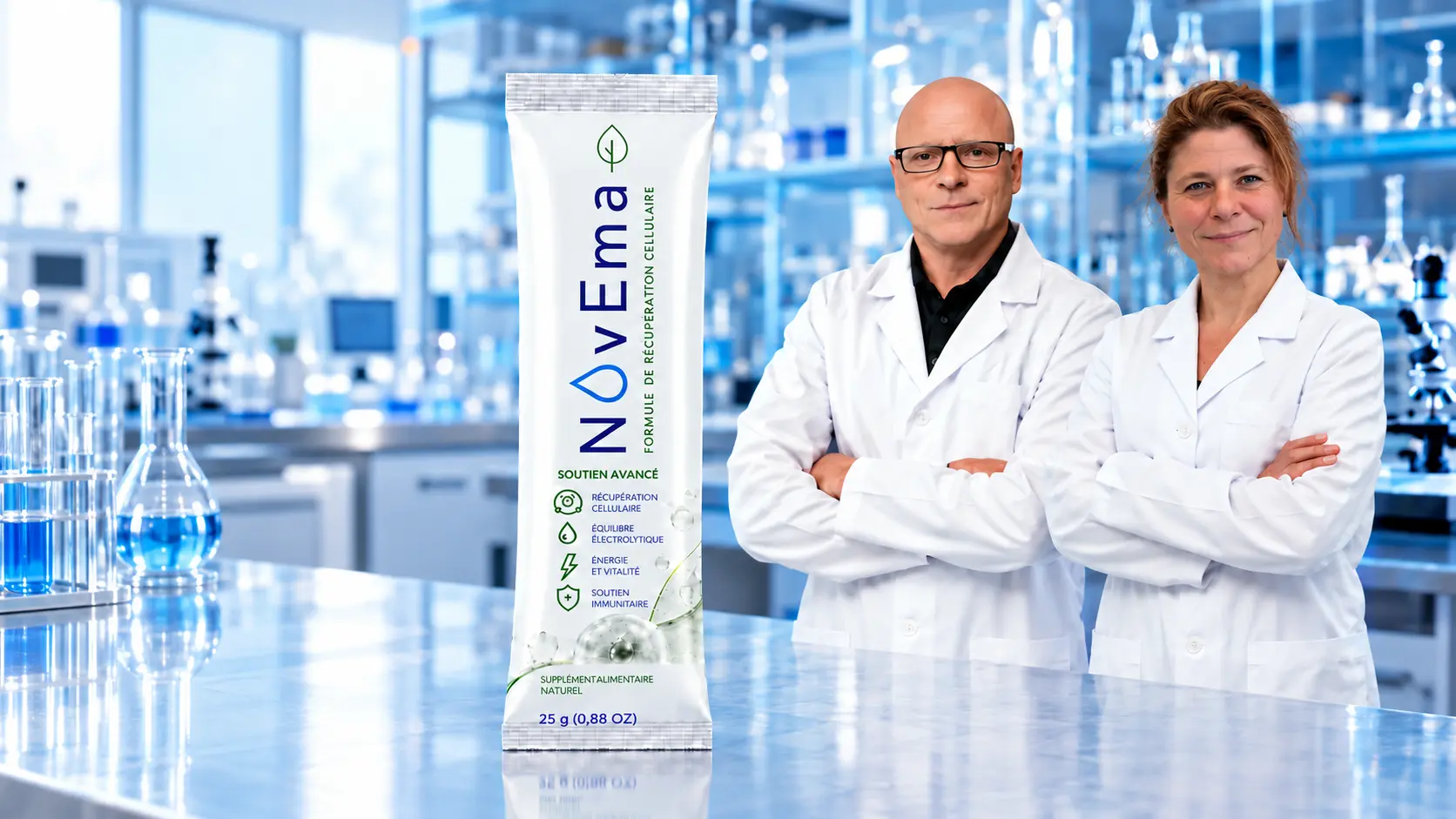 Stéphane Racicot et Nancy Giasson avec un sachet NovEma dans un environnement de laboratoire