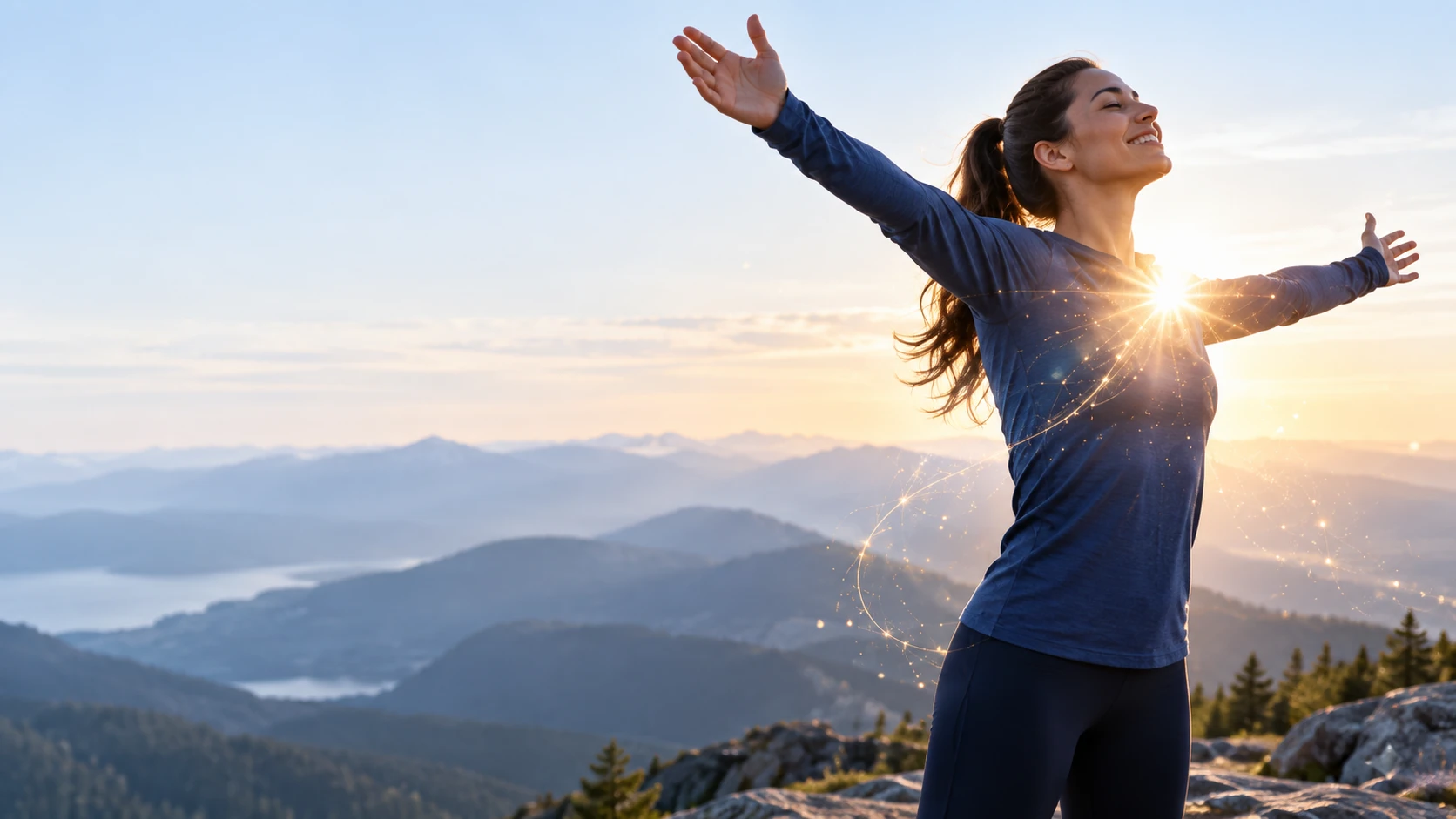 Une femme, les bras ouverts face aux montagnes au lever du soleil